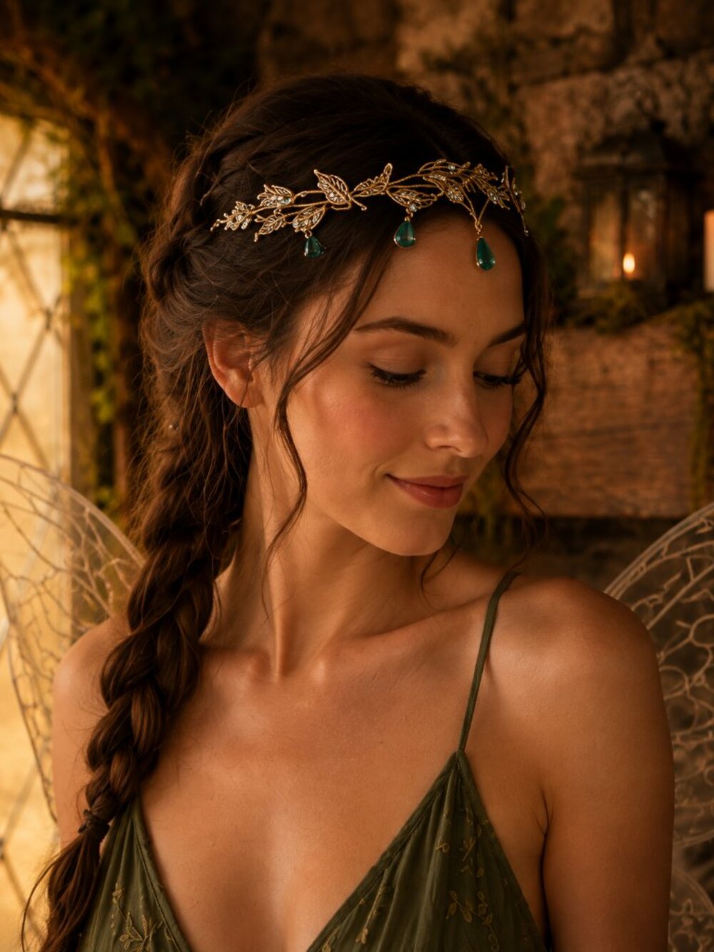 Woodland Whisper 🍃🧚‍♂️ Brass-Tone Elf Princess Tiara Green & Clear Rhinestones